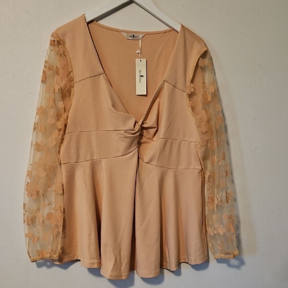 AGNES ORINDA legant PeTop with Sheer Floral Sleeves